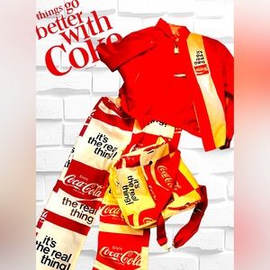 AUTHENTIC VINTAGE COCA-COLA OUTFIT RAIN SATEEN JACKET XS & bell bttm pants SZ 0